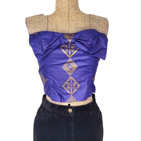 Handmade purple and gold cropped tube top with bow - Picture 1 of 8